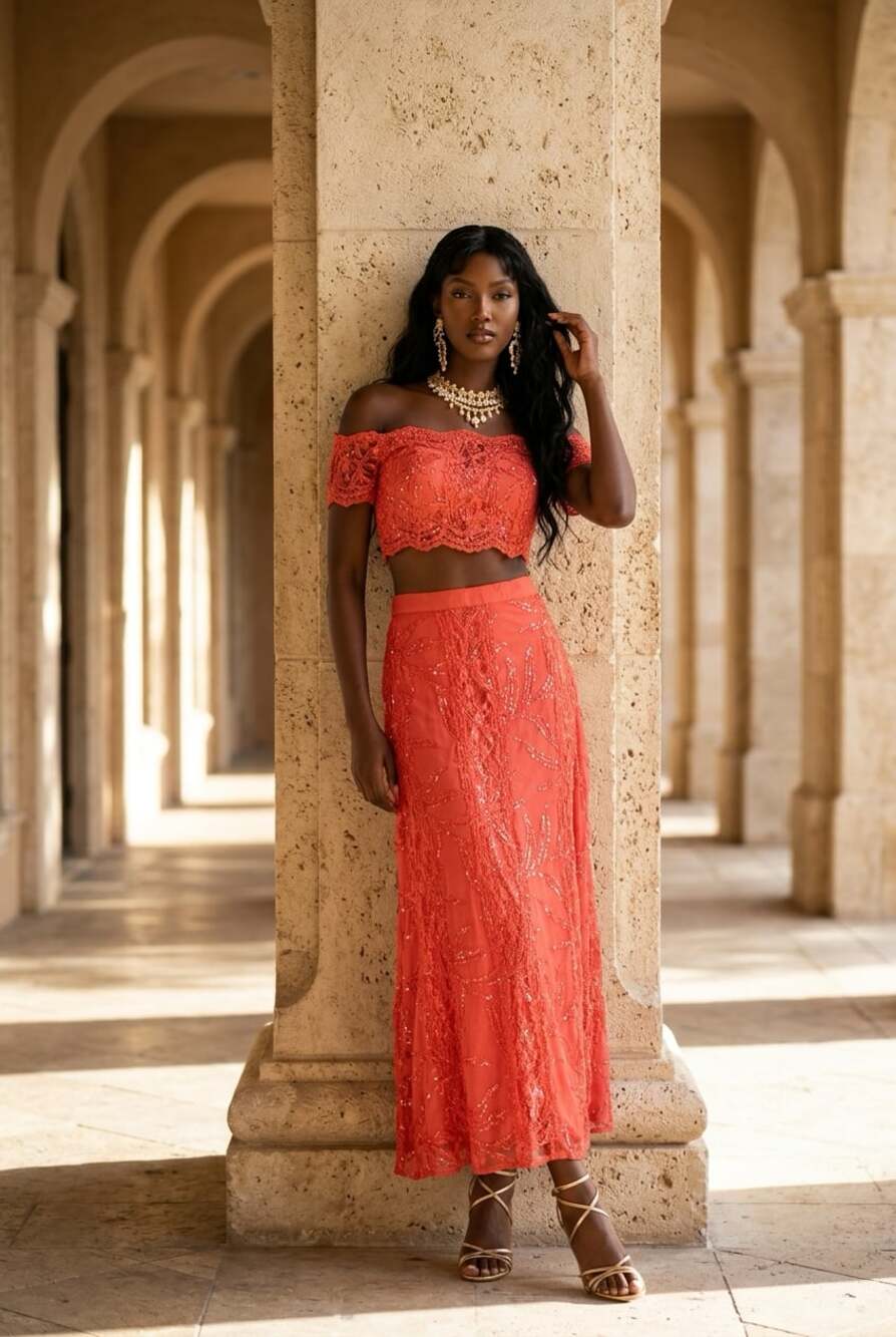 Cor de Rosa Embellished Lace Maxi Skirt in Coral